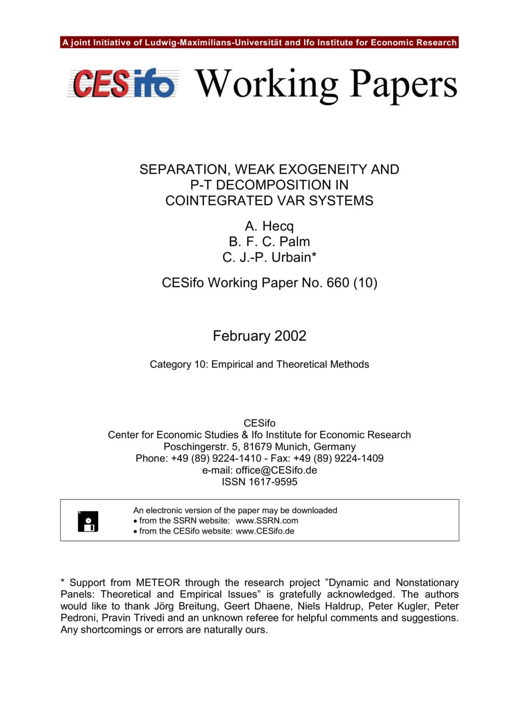 Separation Weak Exogeneity And P T Decomposition In Cointegrated Var Systems With Common Features Publication Cesifo